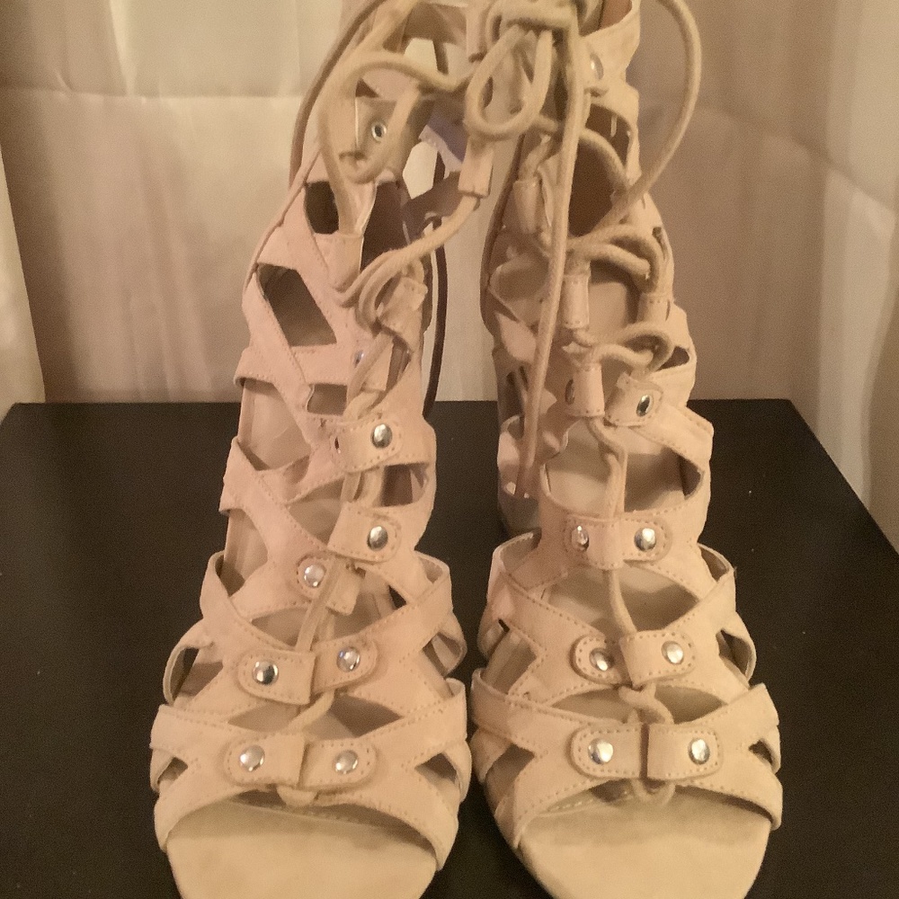 Beige stacked heels